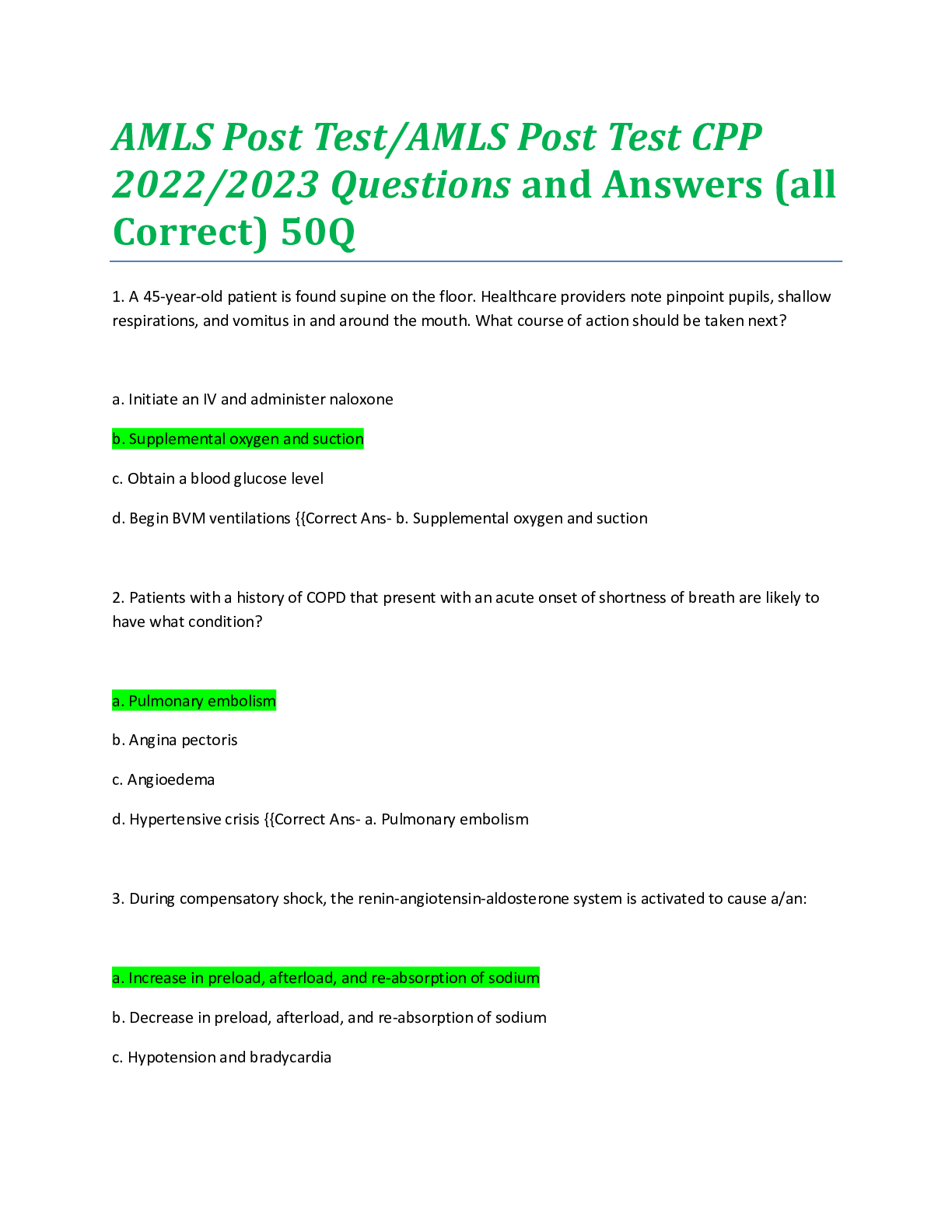 Preview image of AMLS Post Test/AMLS Post Test CPP 2022 Questions and Answers (all Correct) 50Q document